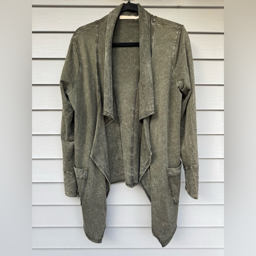 Testimony Los Angeles Olive Green Open Front Draped Cardigan Sweater USA S Boho